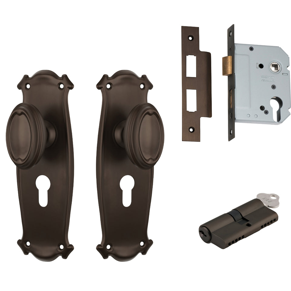 TradCo Bungalow Door Knob Long Backplate Entrance Set with High Security Lock Antique Brass