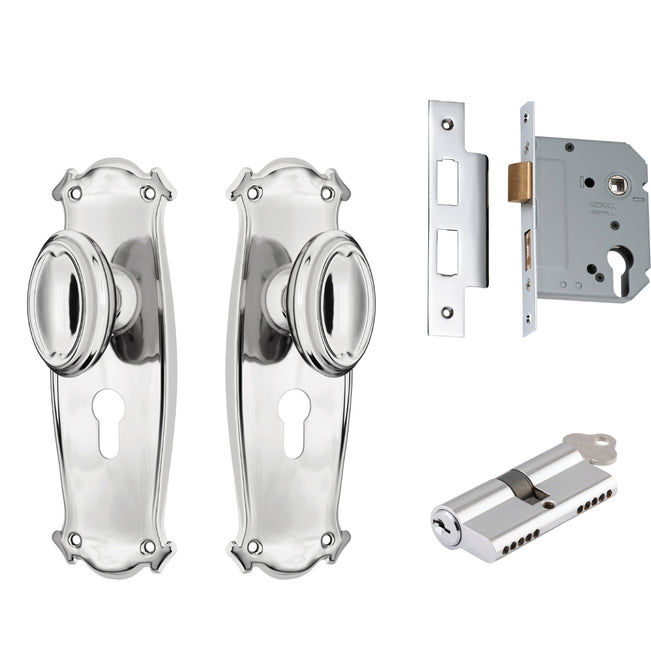 TradCo Bungalow Door Knob Long Backplate Entrance Set with High Security Lock Chrome Plated 0886KENTREURO57KK - The Blue Space