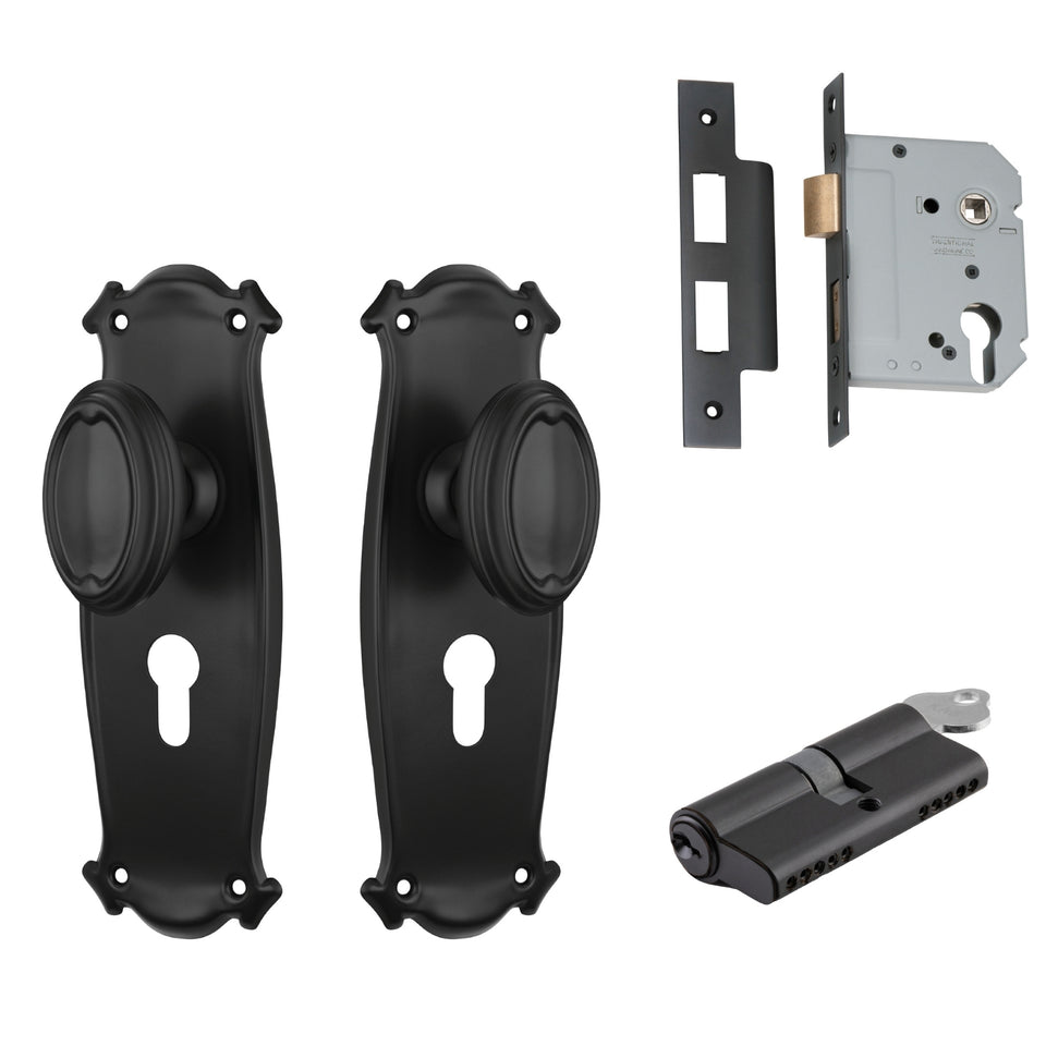 TradCo Bungalow Door Knob Long Backplate Entrance Set with High Security Lock Matte Black