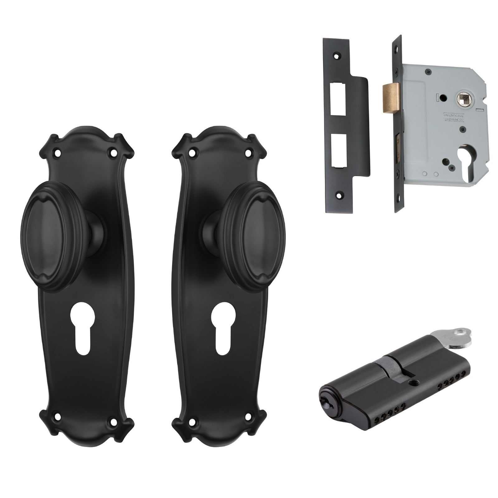 TradCo Bungalow Door Knob Long Backplate Entrance Set with High Security Lock Matte Black 9630KENTREURO57KK - The Blue Space