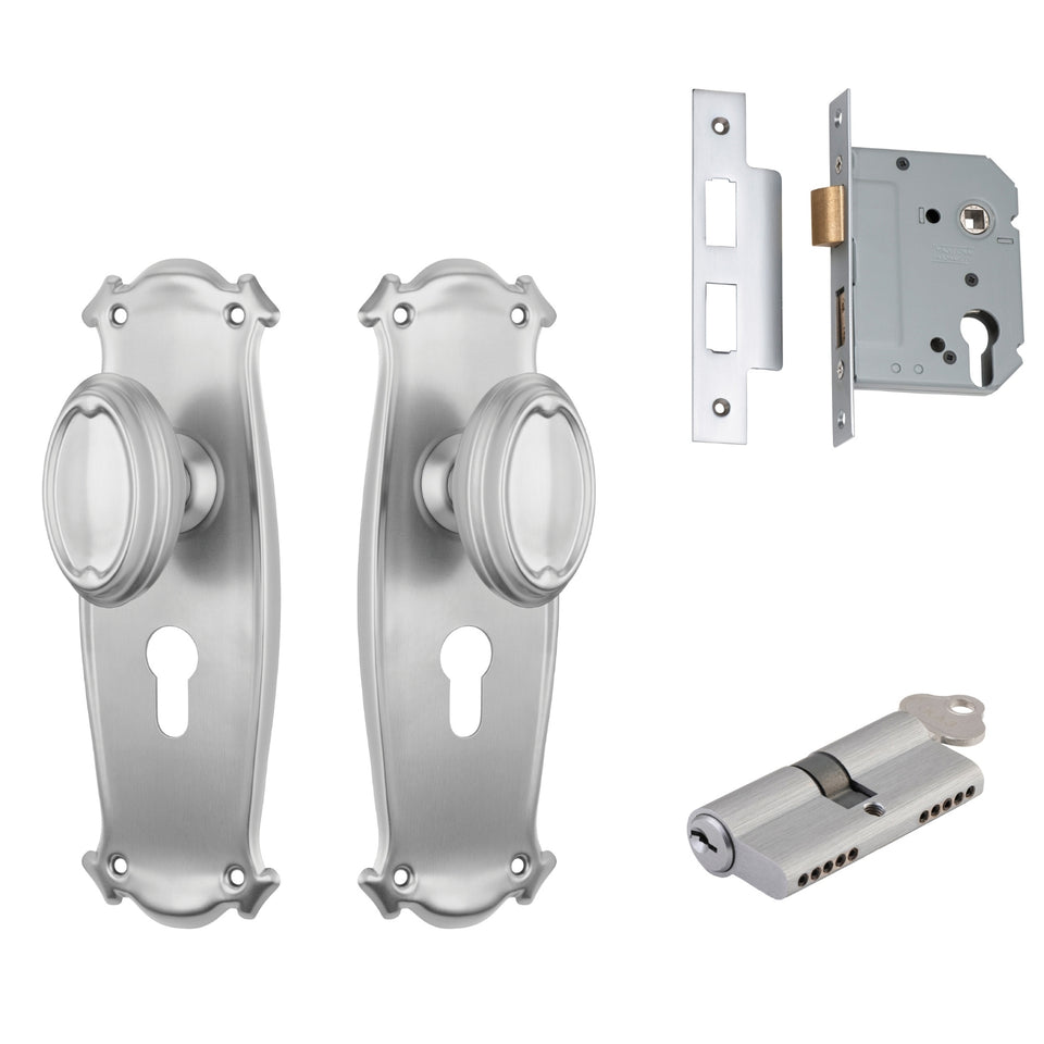 TradCo Bungalow Door Knob Long Backplate Entrance Set with High Security Lock Satin Chrome