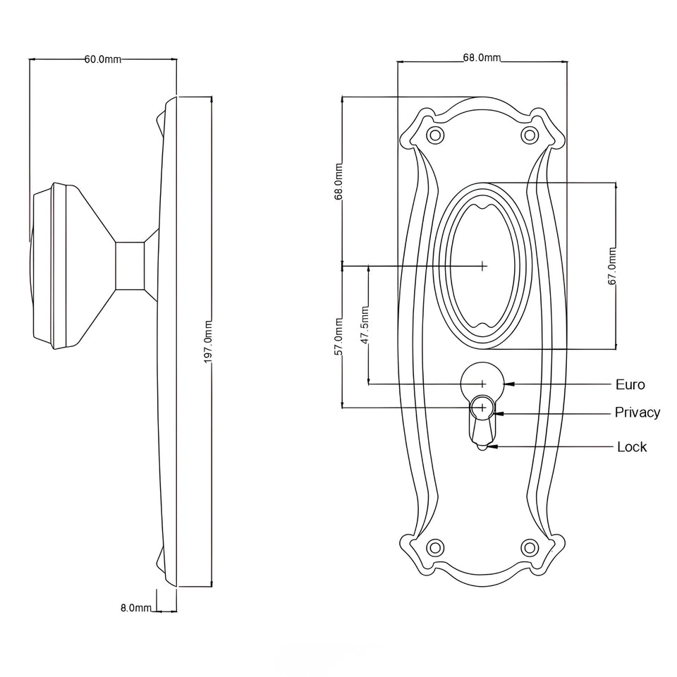 TradCo Bungalow Door Knob Long Backplate Entrance Set with High Security Lock Satin Chrome