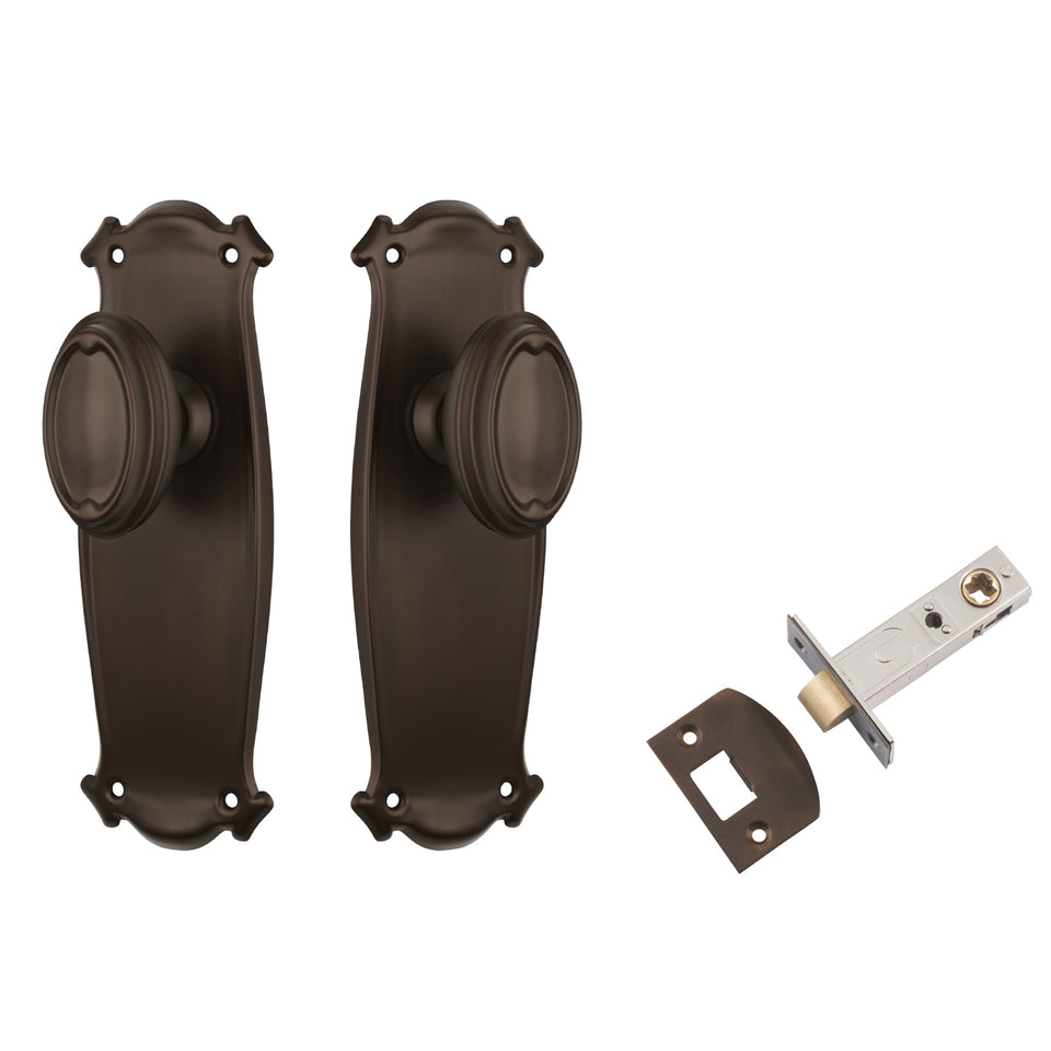 TradCo Bungalow Door Knob Long Backplate Passage Set Antique Brass