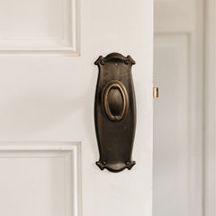 TradCo Bungalow Door Knob Long Backplate Passage Set Antique Brass
