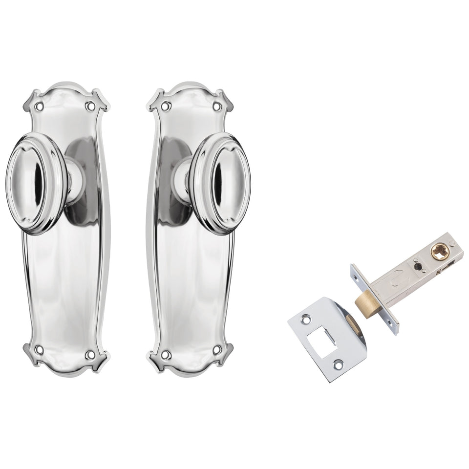 TradCo Bungalow Door Knob Long Backplate Passage Set Chrome Plated