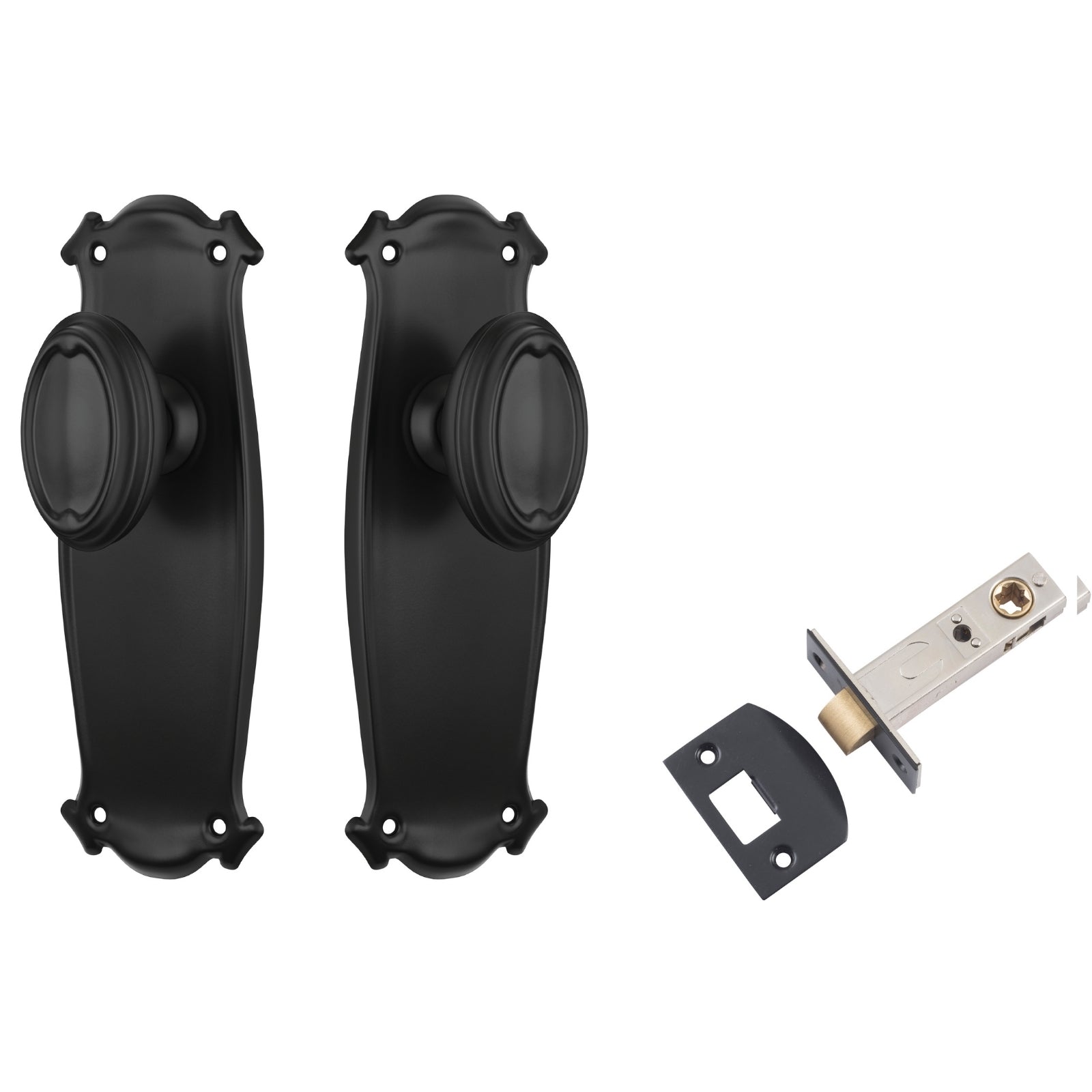 TradCo Bungalow Door Knob Long Backplate Passage Set Matte Black 9630KPASS60 - The Blue Space