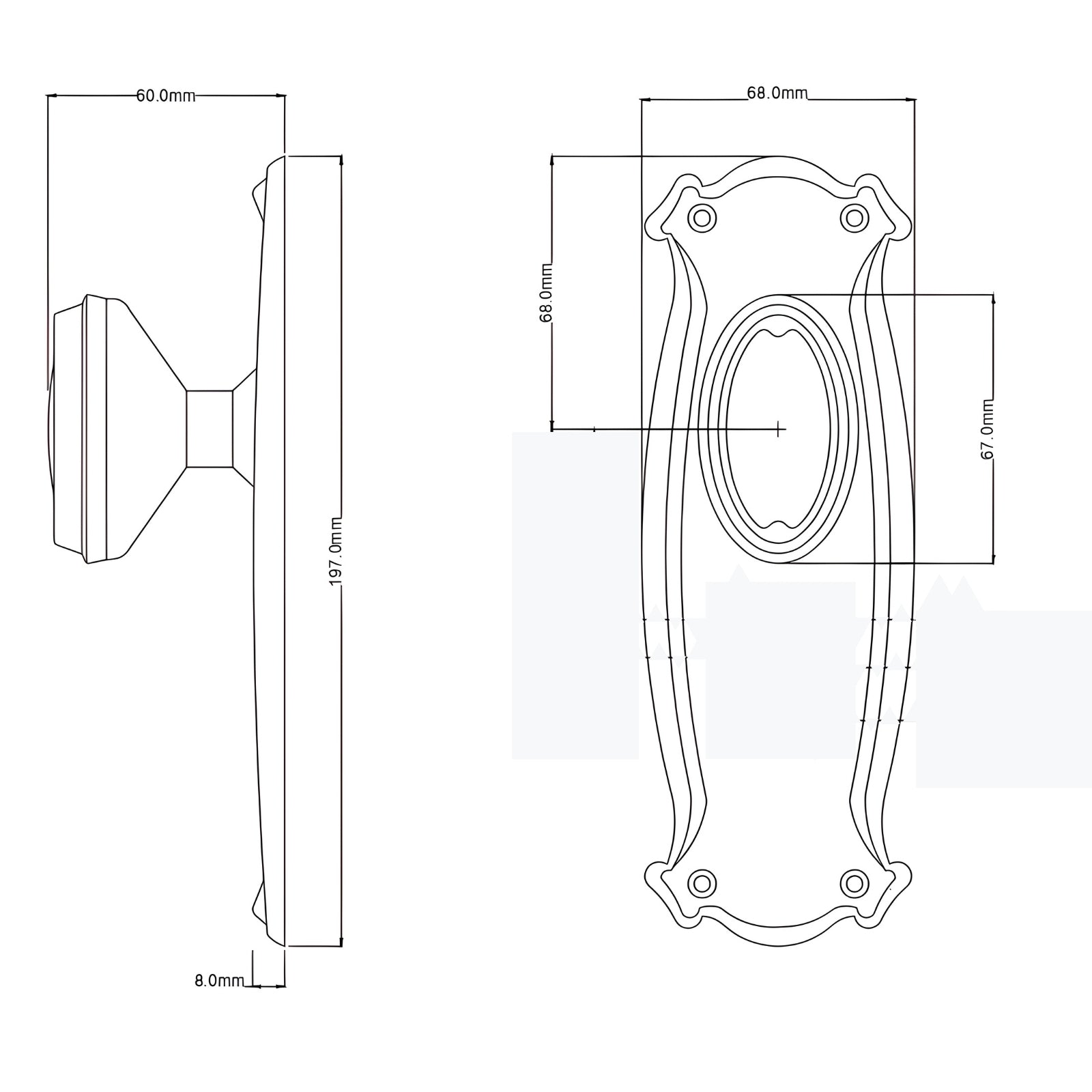 Line Drawing TradCo Bungalow Door Knob Long Backplate Passage Set Matte Black 9630KPASS60 - The Blue Space