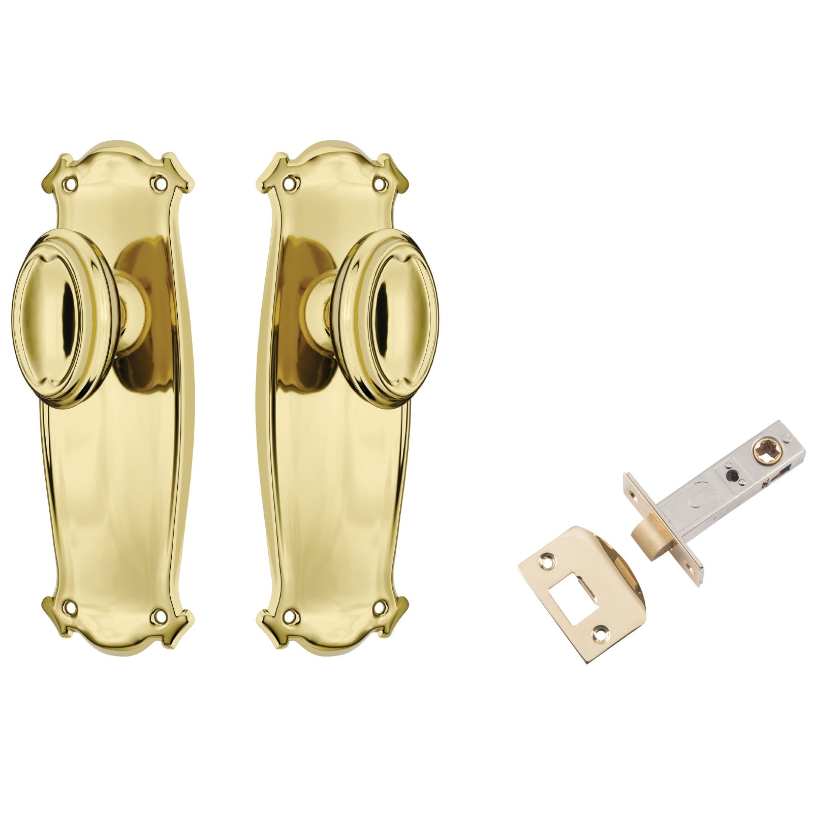 TradCo Bungalow Door Knob Long Backplate Passage Set Polished Brass 1050KPASS60 - The Blue Space