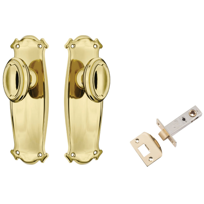 TradCo Bungalow Door Knob Long Backplate Passage Set Polished Brass 1050KPASS60 - The Blue Space