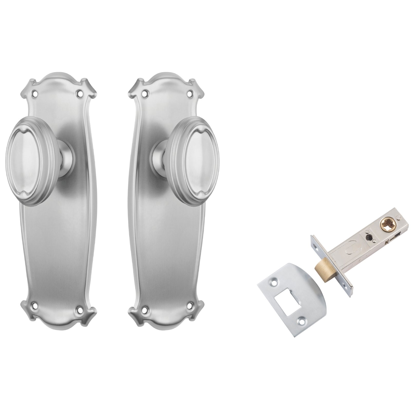TradCo Bungalow Door Knob Long Backplate Passage Set Satin Chrome 0870KPASS60 - The Blue Space