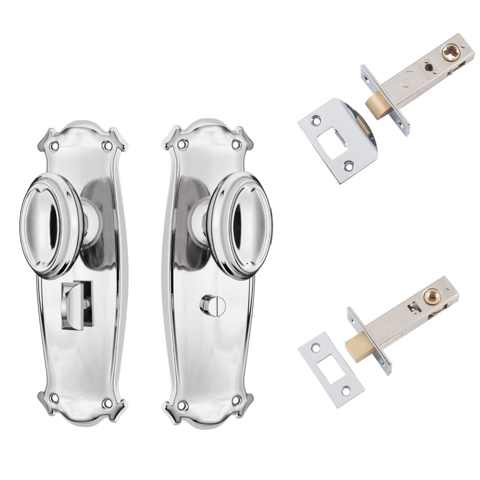 TradCo Bungalow Door Knob Long Backplate Privacy Set Chrome Plated 0886KPRIV60 - The Blue Space