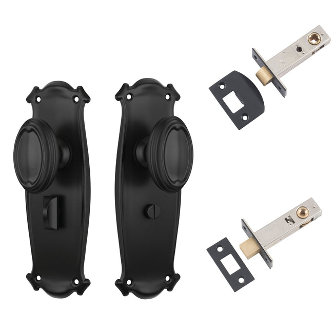 TradCo Bungalow Door Knob Long Backplate Privacy Set Matte Black 9630KPRIV60 - The Blue Space