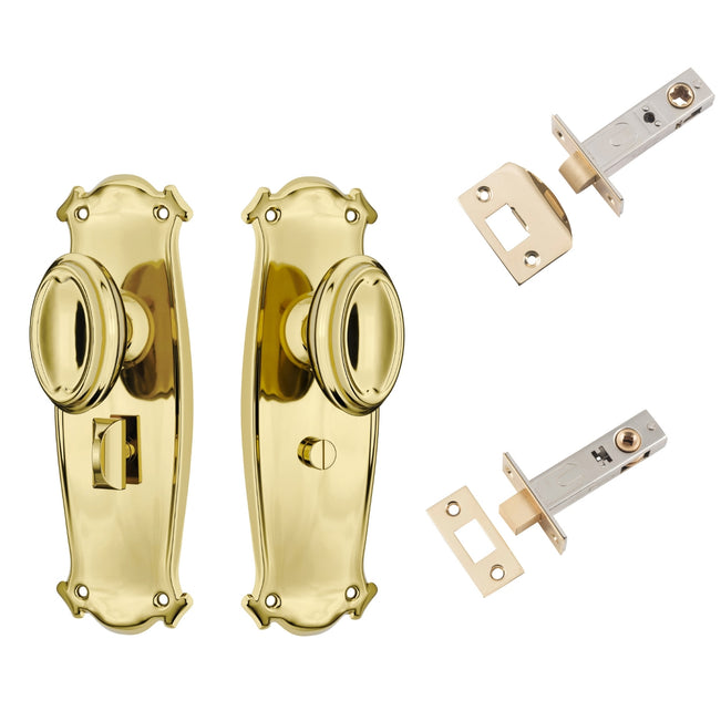 TradCo Bungalow Door Knob Long Backplate Privacy Set Polished Brass 1050KPRIV60 - The Blue Space