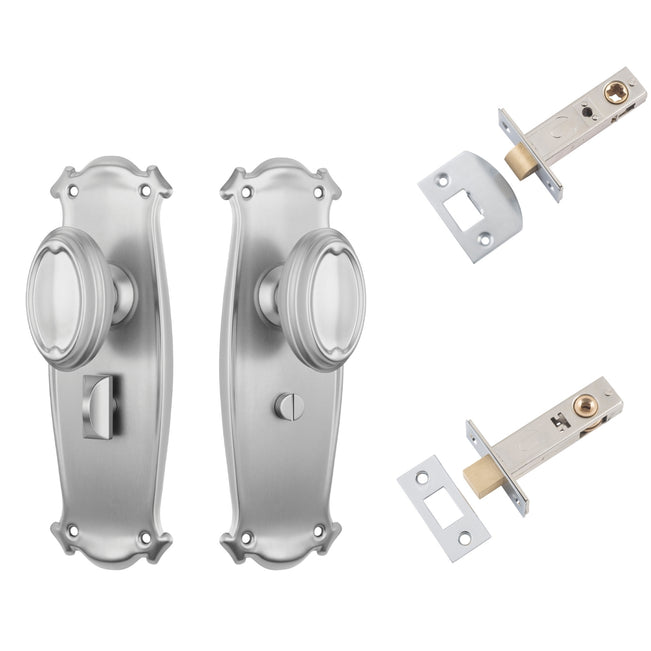 TradCo Bungalow Door Knob Long Backplate Privacy Set Satin Chrome 0870KPRIV60 - The Blue Space