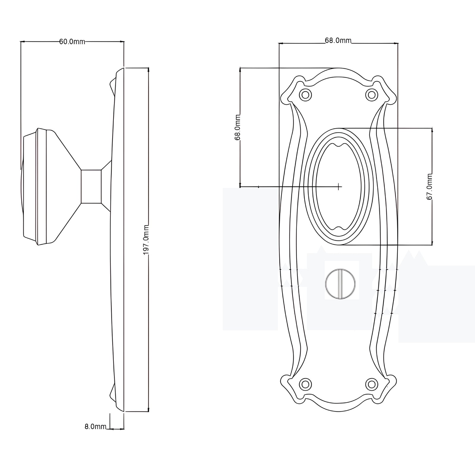 Line Drawing TradCo Bungalow Door Knob Long Backplate Privacy Set Satin Chrome 0870KPRIV60 - The Blue Space