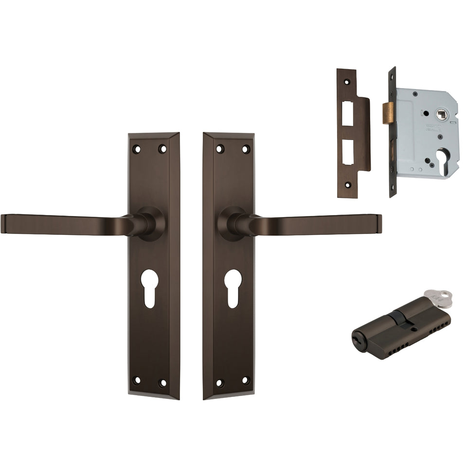TradCo Menton Lever Long Backplate Entrance Set with High Security Lock Antique Brass