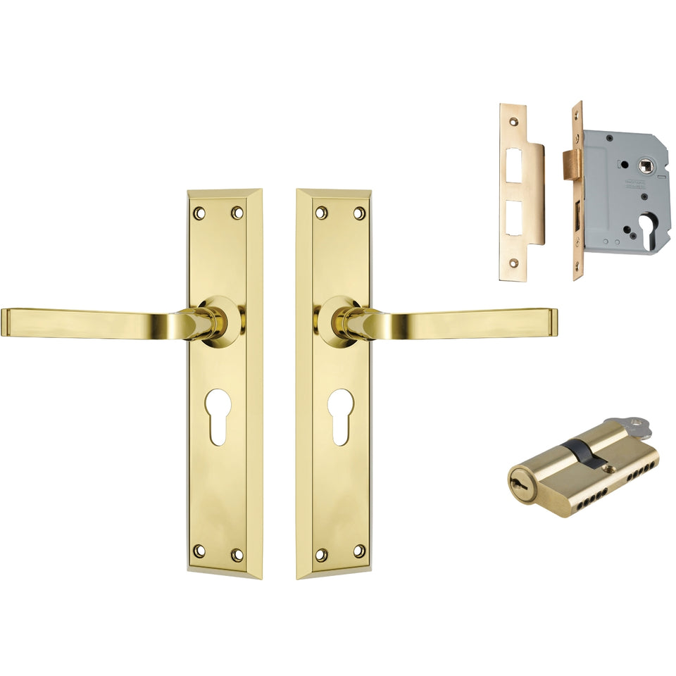 TradCo Menton Lever Long Backplate Entrance Set with High Security Lock Polished Brass