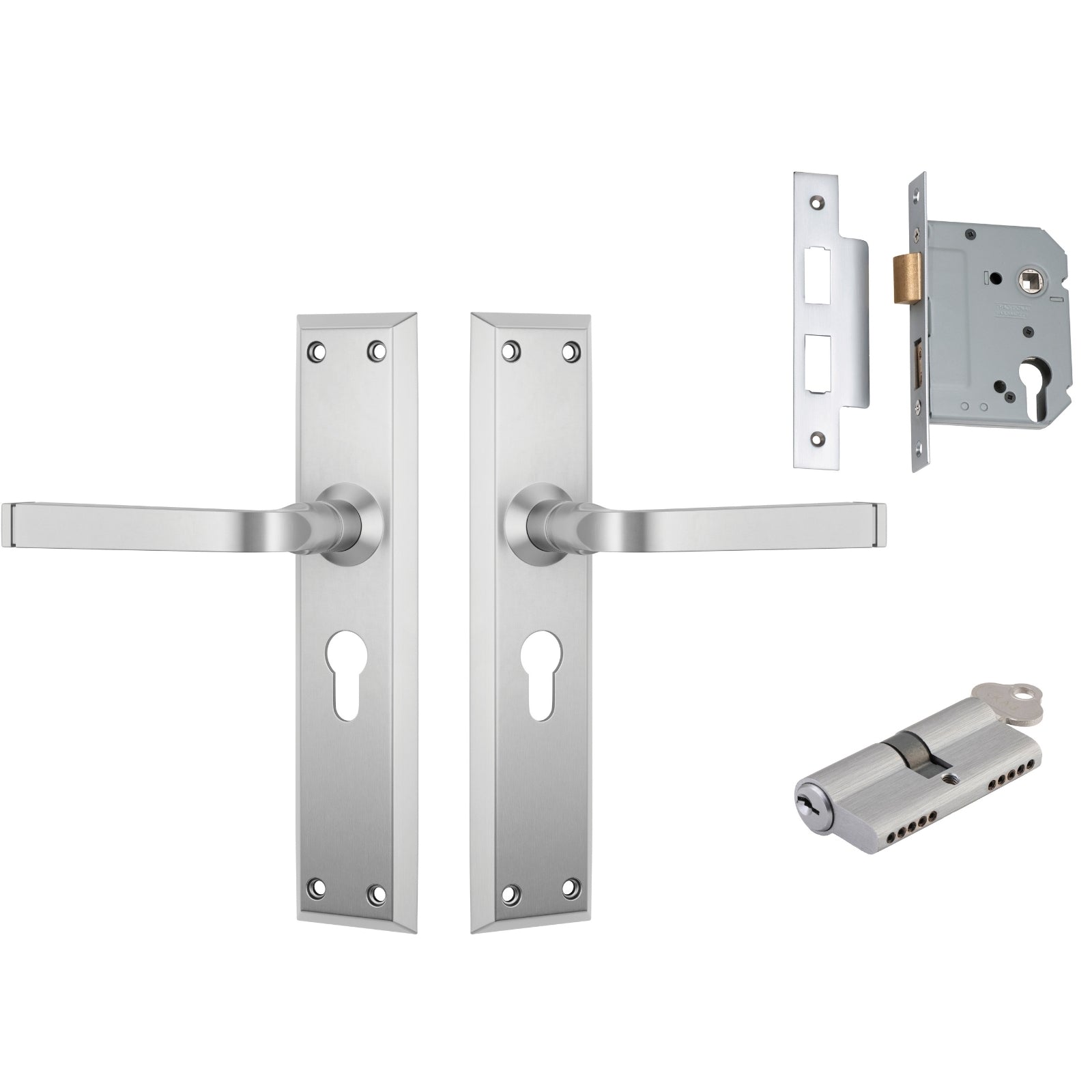 TradCo Menton Lever Long Backplate Entrance Set with High Security Lock Satin Chrome 0687KENTREURO57KK - The Blue Space