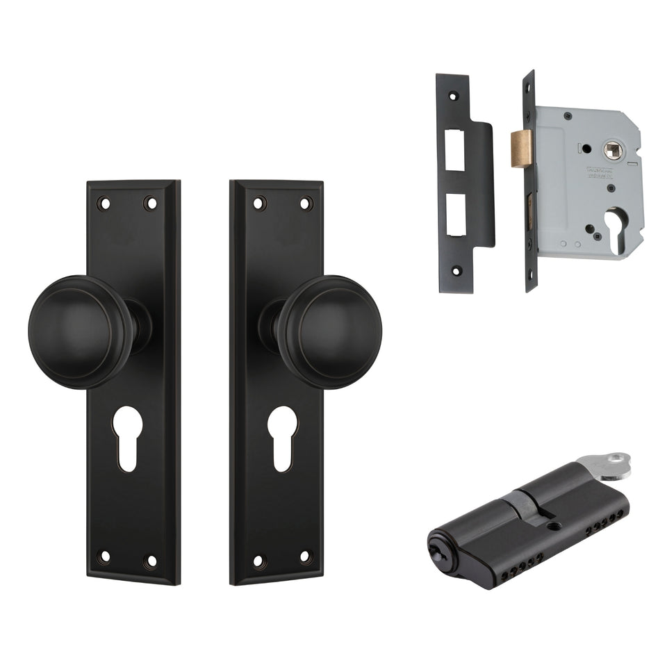 TradCo Milton Door Knob Long Backplate Entrance Set with High Security Lock Antique Copper