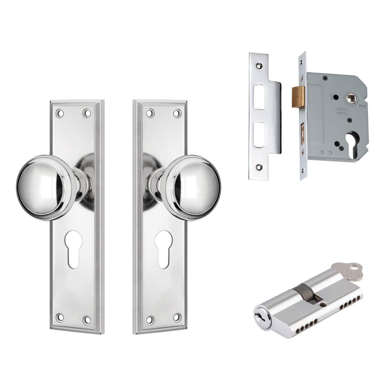 TradCo Milton Door Knob Long Backplate Entrance Set with High Security Lock Chrome Plated 0732KENTREURO57KK - The Blue Space