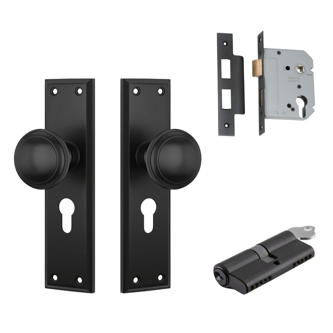 TradCo Milton Door Knob Long Backplate Entrance Set with High Security Lock Matte Black 6450KENTREURO57KK - The Blue Space