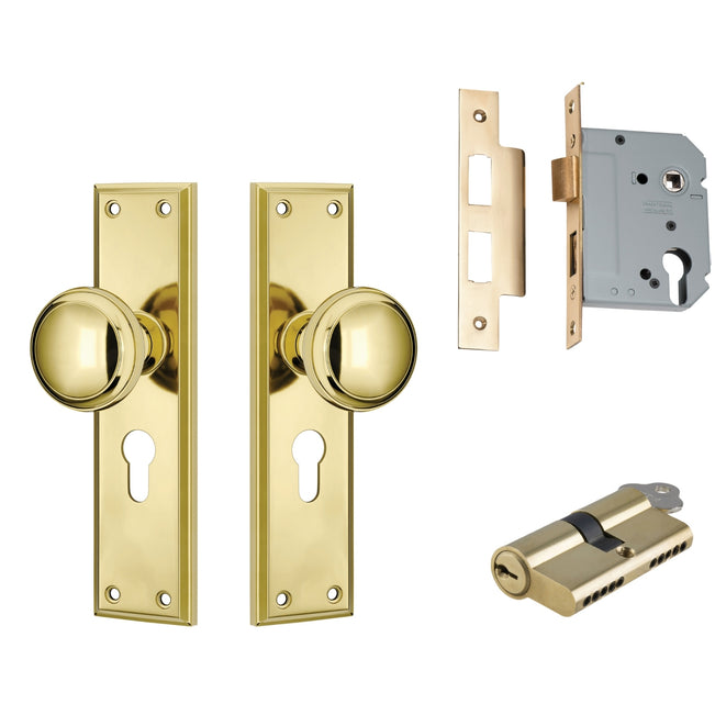 TradCo Milton Door Knob Long Backplate Entrance Set with High Security Lock Polished Brass 0720KENTREURO57KK - The Blue Space