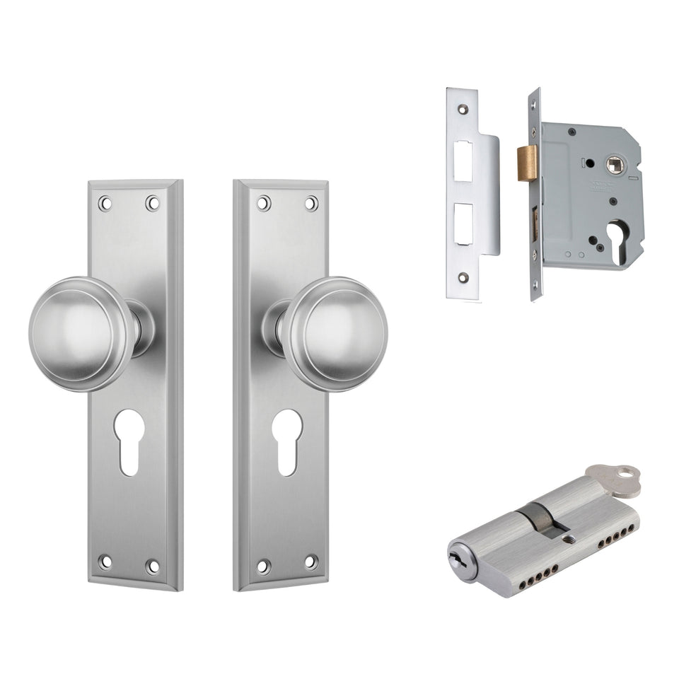 TradCo Milton Door Knob Long Backplate Entrance Set with High Security Lock Satin Chrome