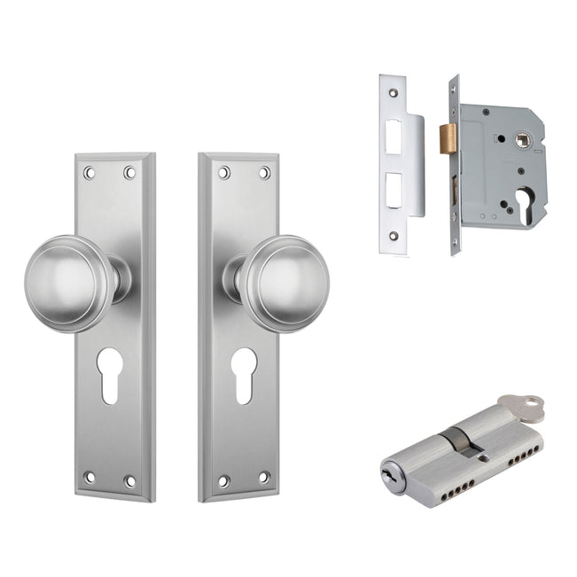 TradCo Milton Door Knob Long Backplate Entrance Set with High Security Lock Satin Chrome 0736KENTREURO57KK - The Blue Space