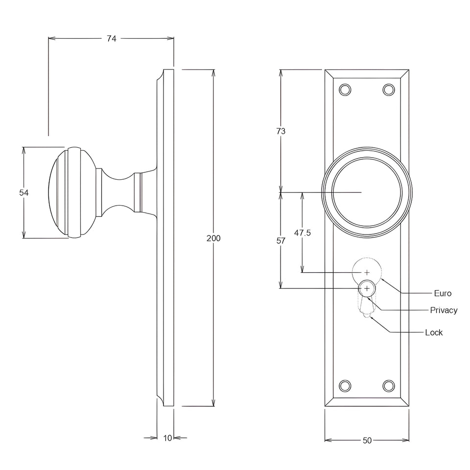 TradCo Milton Door Knob Long Backplate Entrance Set with High Security Lock Satin Chrome