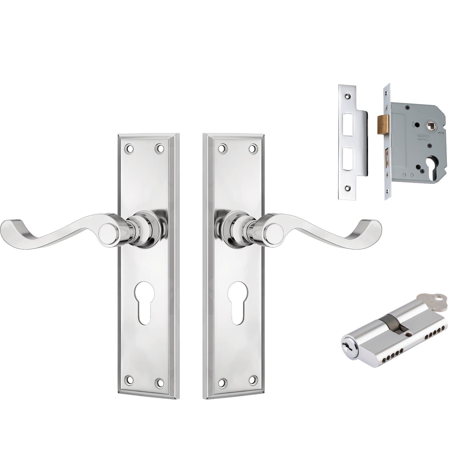 TradCo Milton Lever Long Backplate Entrance Set with High Security Lock Chrome Plated 0790KENTREURO57KK - The Blue Space