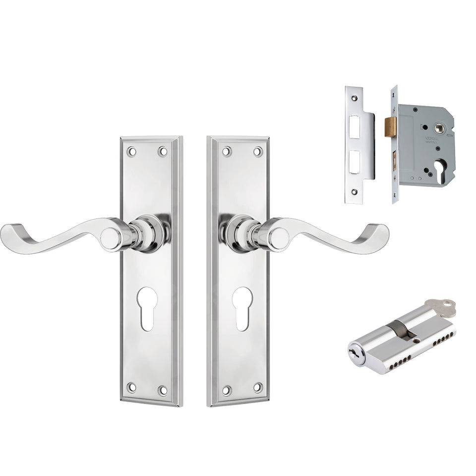 TradCo Milton Lever Long Backplate Entrance Set with High Security Lock Chrome Plated