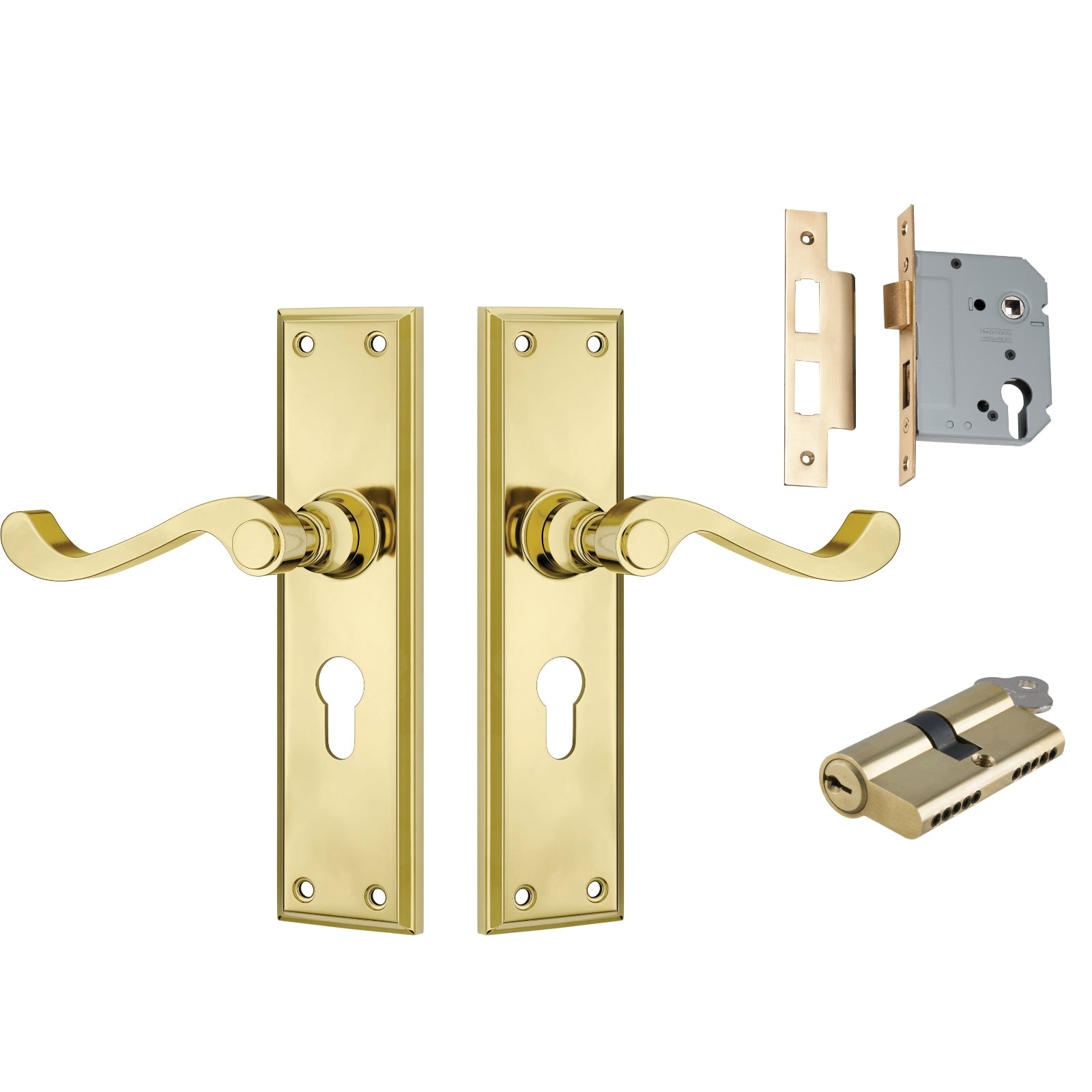 TradCo Milton Lever Long Backplate Entrance Set with High Security Lock Polished Brass 1004KENTREURO57KK - The Blue Space