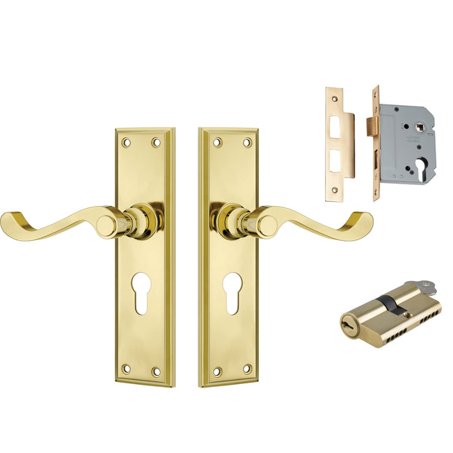 TradCo Milton Lever Long Backplate Entrance Set with High Security Lock Polished Brass 1004KENTREURO57KK - The Blue Space