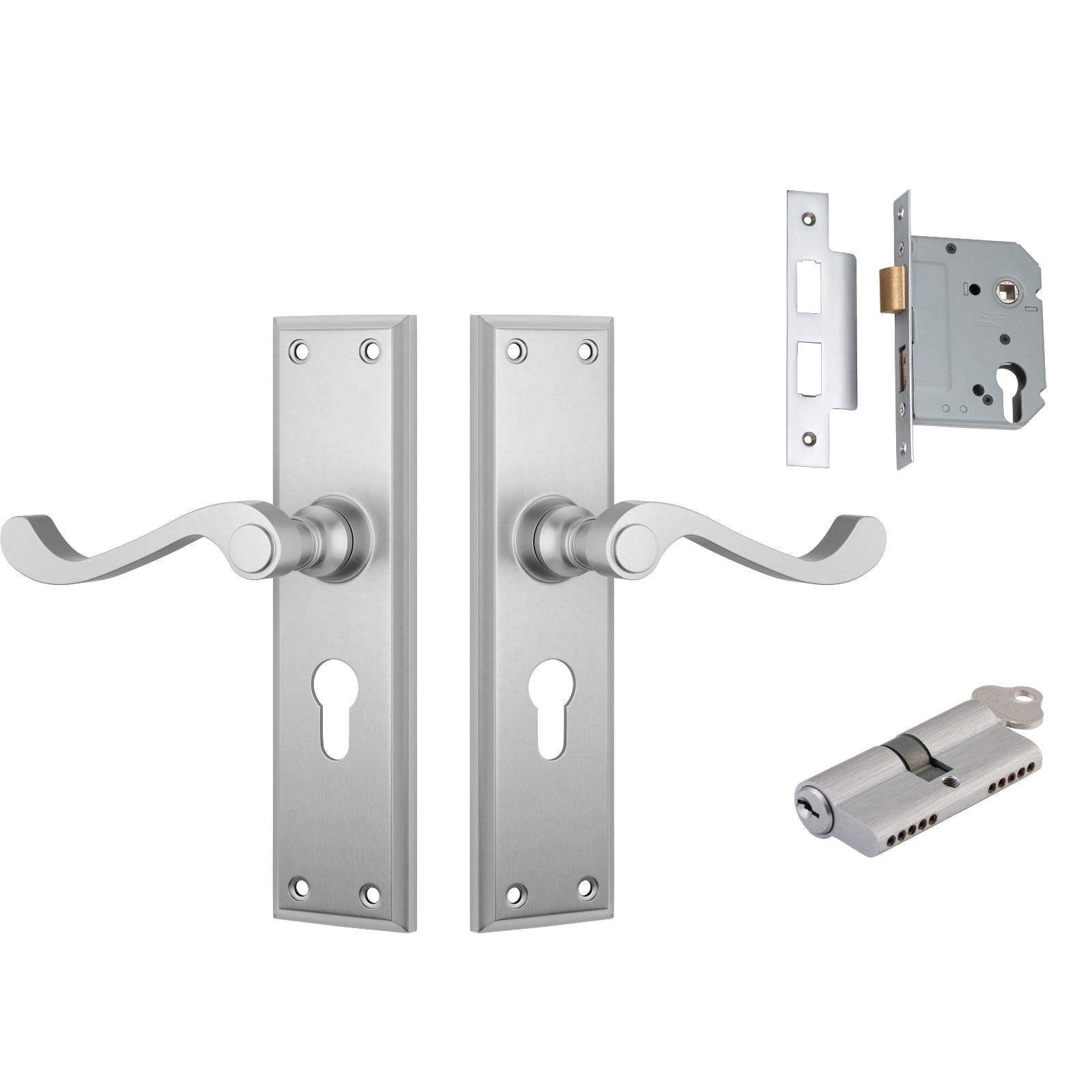 TradCo Milton Lever Long Backplate Entrance Set with High Security Lock Satin Chrome 0794KENTREURO57KK - The Blue Space