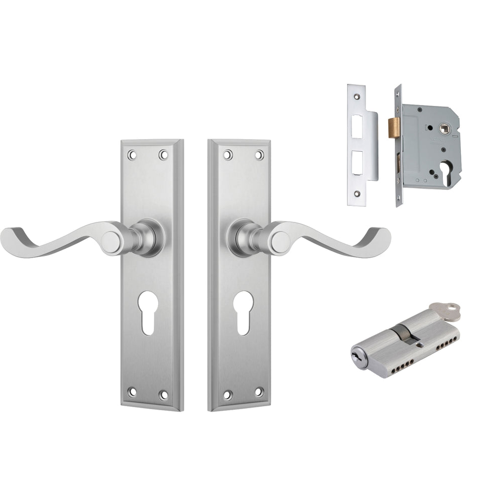 TradCo Milton Lever Long Backplate Entrance Set with High Security Lock Satin Chrome