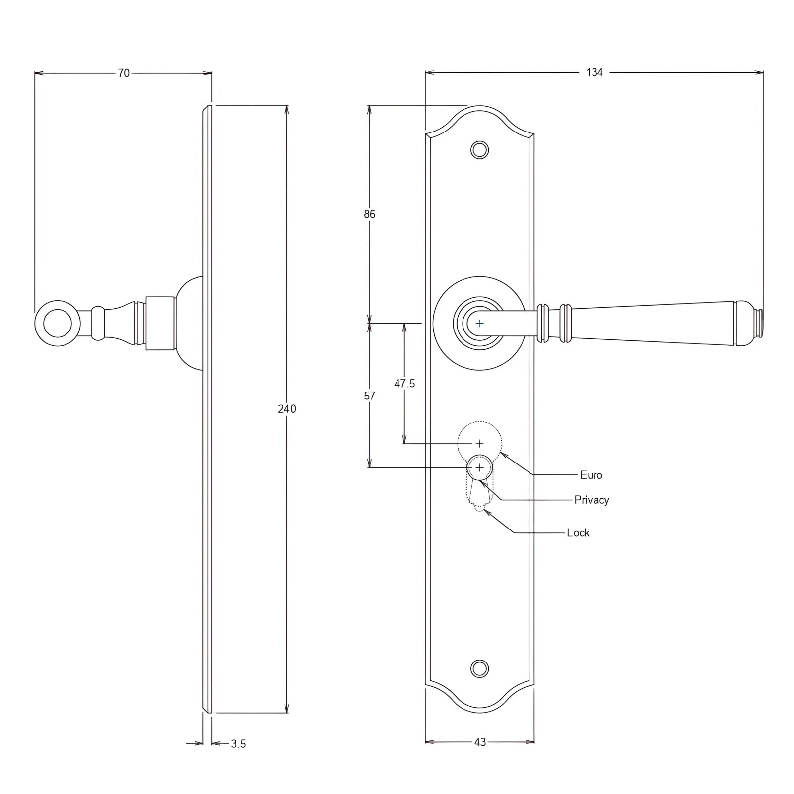 Line Drawing TradCo Reims Lever Long Backplate Entrance Set with High Security Lock Chrome Plated 0777KENTREURO57KK - The Blue Space