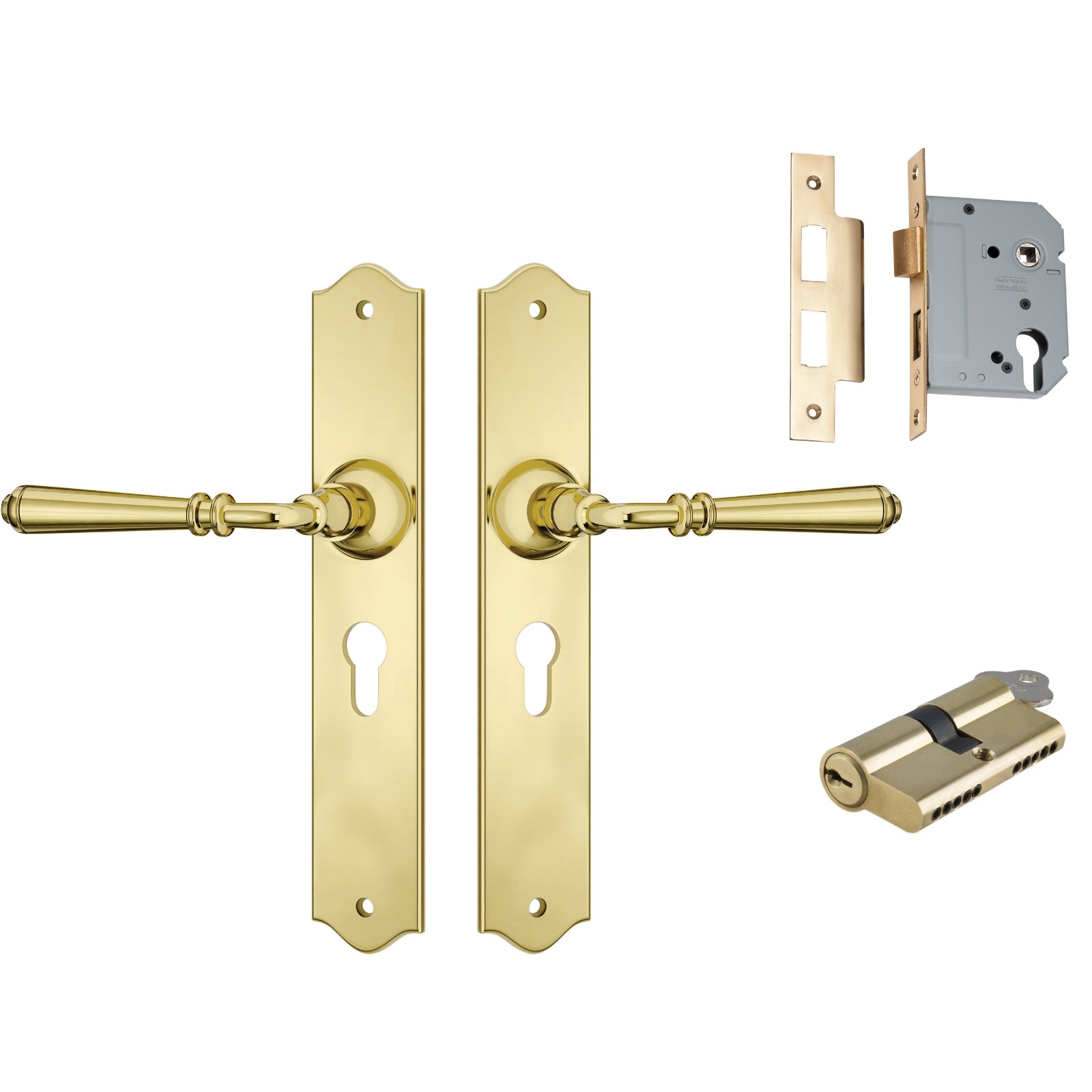 TradCo Reims Lever Long Backplate Entrance Set with High Security Lock Polished Brass 0771KENTREURO57KK - The Blue Space