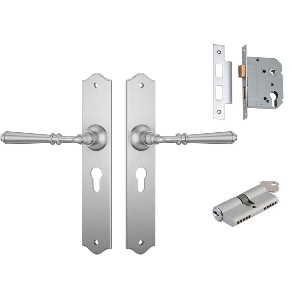 TradCo Reims Lever Long Backplate Entrance Set with High Security Lock Satin Chrome
