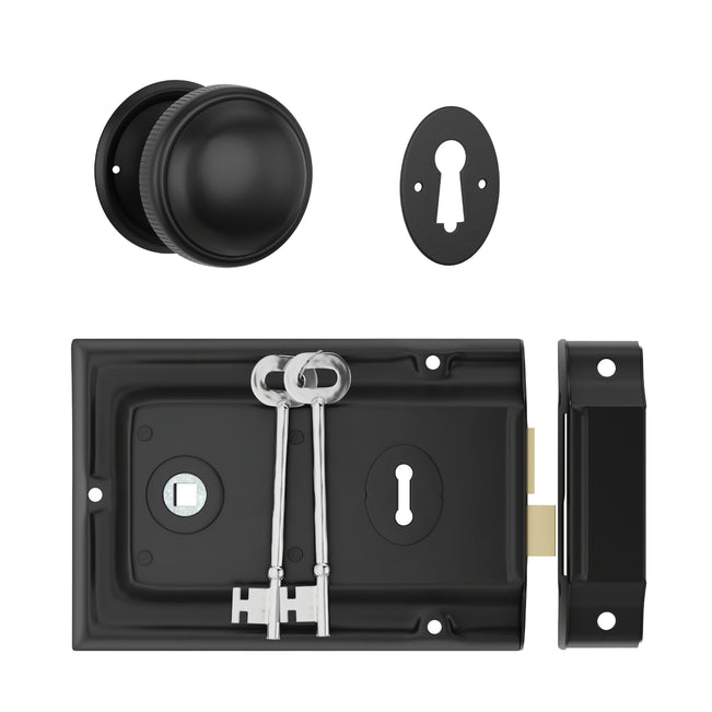 TradCo Rim Lock and Milled Edge Knob Passage Set Matte Black 0928-2013SET - The Blue Space