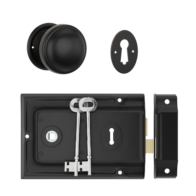 TradCo Rim Lock and Milled Edge Knob Passage Set Matte Black Antique Copper 1032-2013SET - The Blue Space
