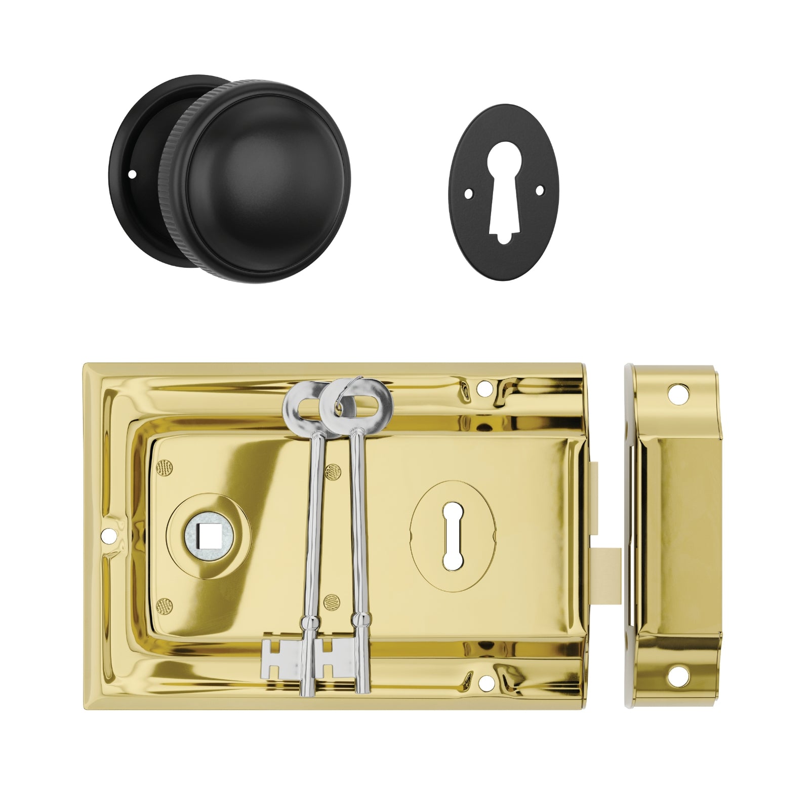 TradCo Rim Lock and Milled Edge Knob Passage Set Matte Black Polished Brass 0928-2002SET - The Blue Space
