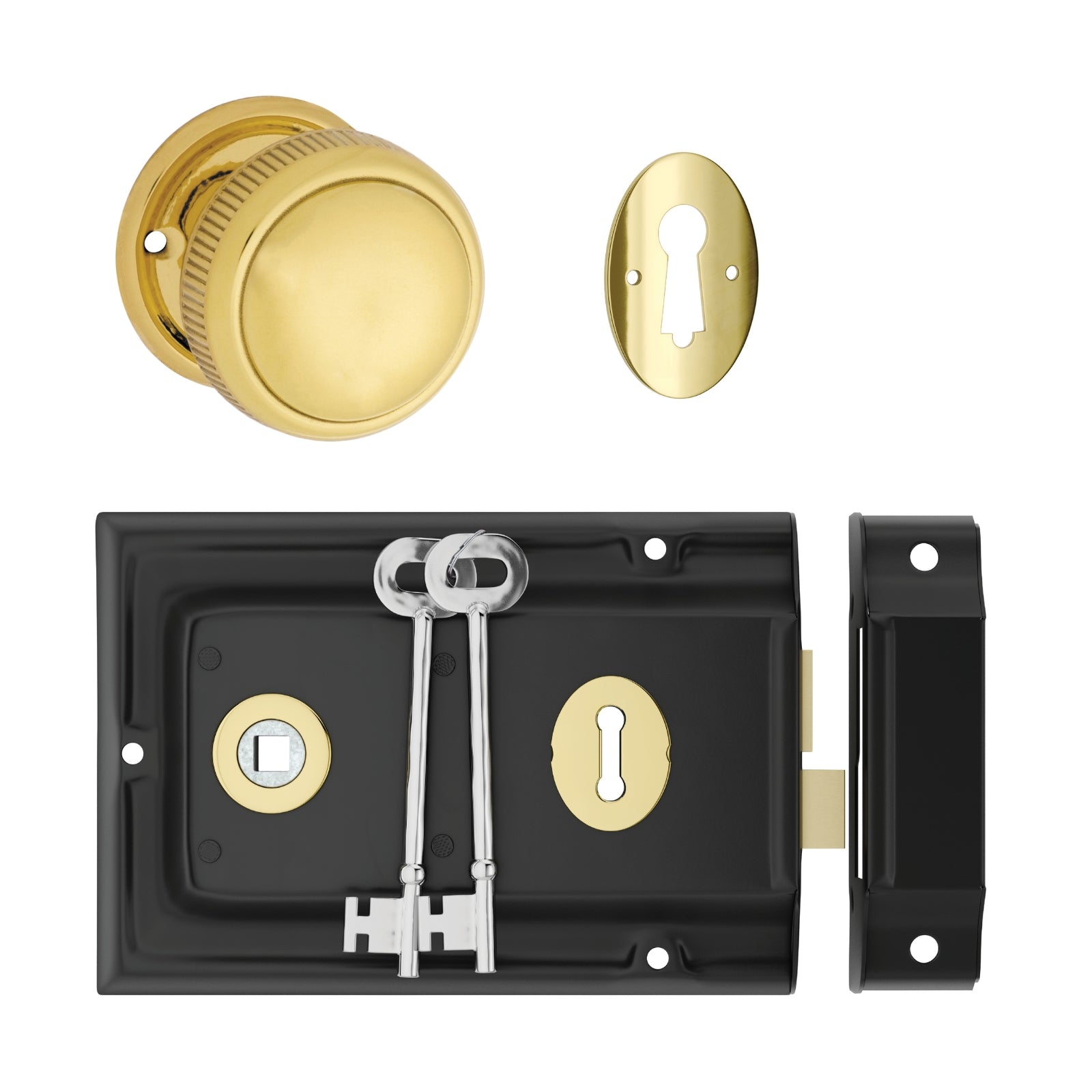 TradCo Rim Lock and Milled Edge Knob Passage Set Matte Black Polished Brass 1021-2000SET - The Blue Space
