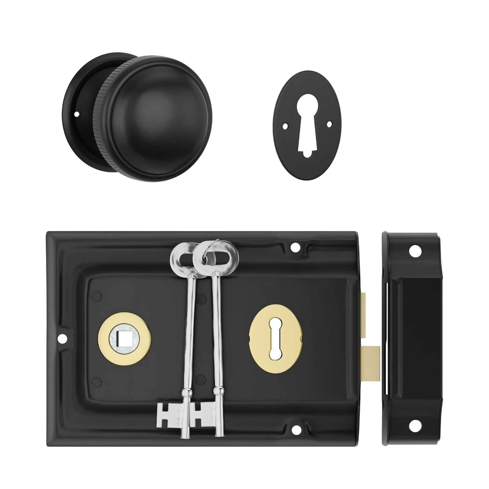 TradCo Rim Lock and Milled Edge Knob Passage Set Matte Black With Polished Brass Keyhole 0928-2000SET - The Blue Space
