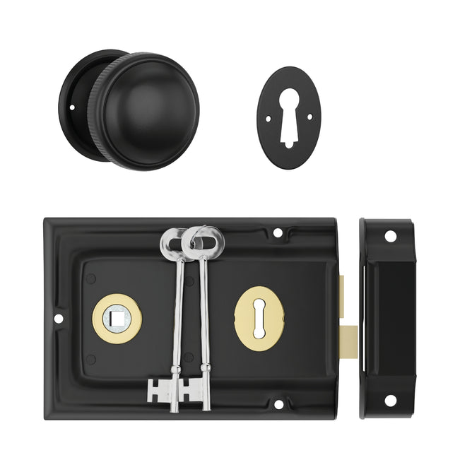 TradCo Rim Lock and Milled Edge Knob Passage Set Matte Black With Polished Brass Keyhole 0928-2000SET - The Blue Space