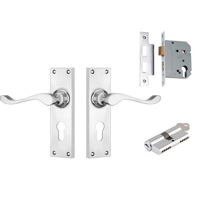 TradCo Victorian Lever Long Backplate Entrance Set with High Security Lock Chrome Plated 0907KENTREURO57KK - The Blue Space