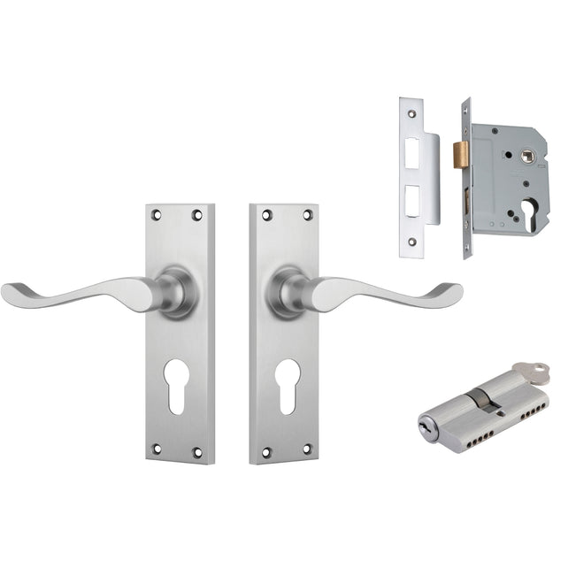 TradCo Victorian Lever Long Backplate Entrance Set with High Security Lock Satin Chrome 0912KENTREURO57KK - The Blue Space