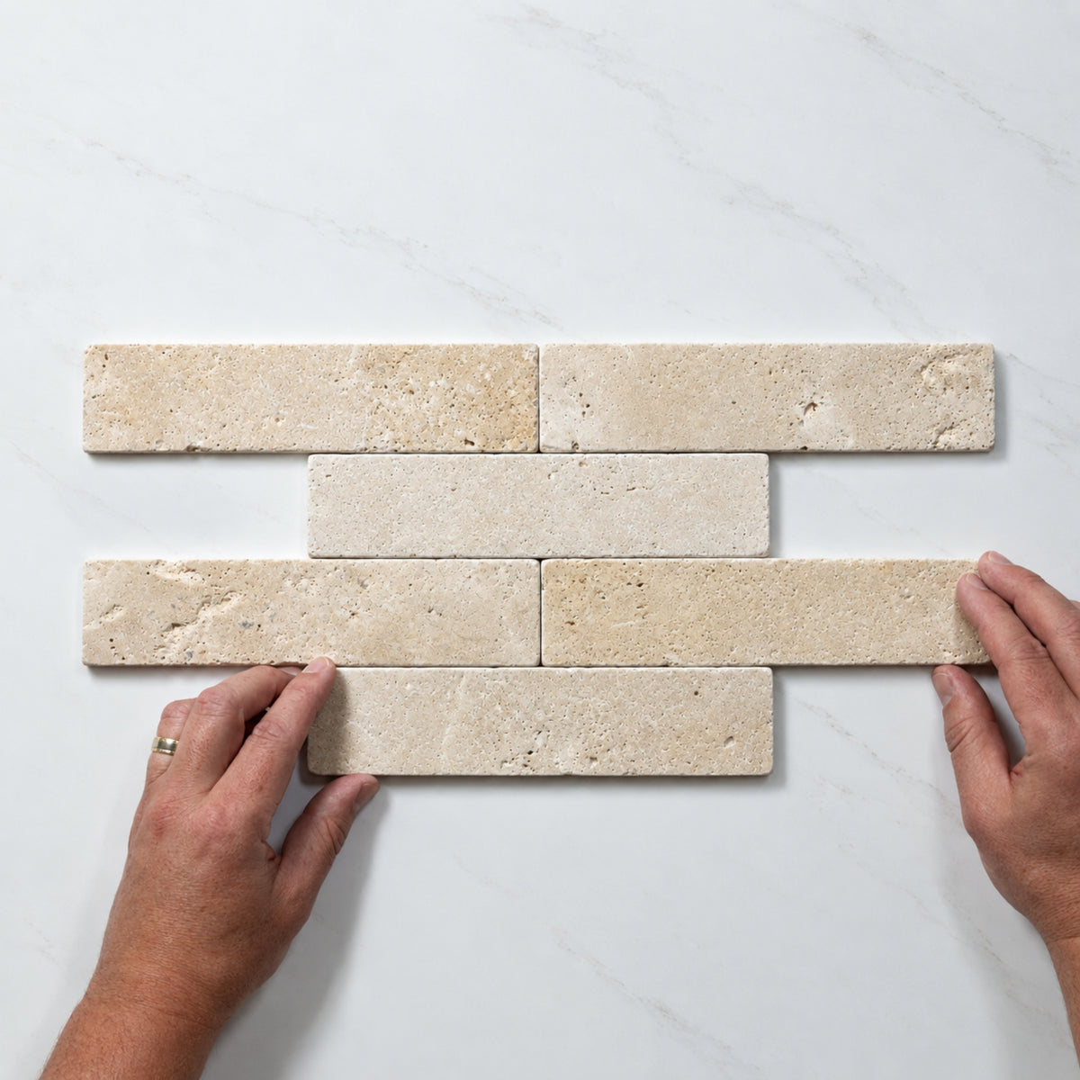 Pattern with Hand Tumbled Natural Beige Travertine Subway Tile 50mm x 200mm 52APOBET - The Blue Space