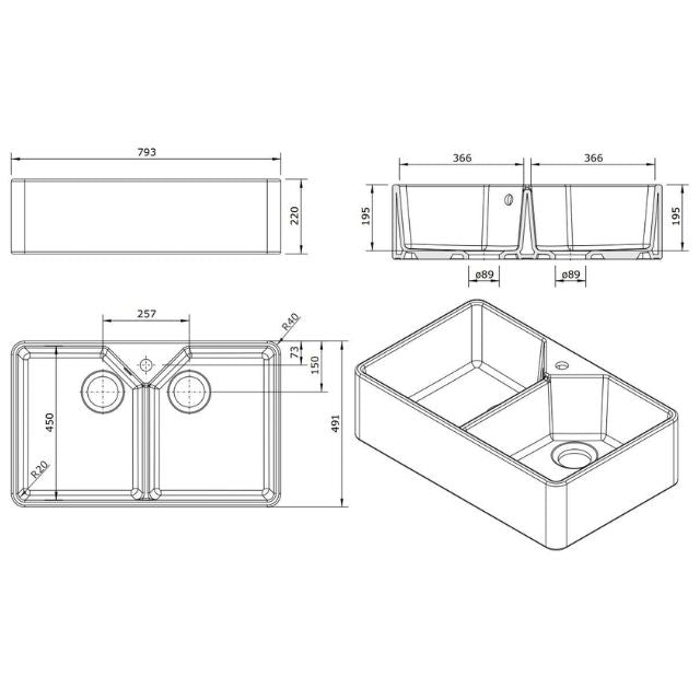Technical Drawing Turner Hastings Chester Double Flat Front Fine Fireclay Butler Sink - 1 Taphole 7403-1TH - The Blue Space