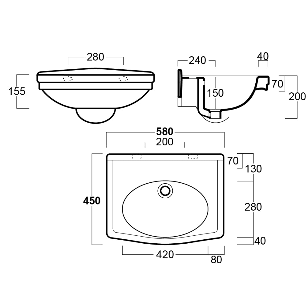 Technical Drawing Turner Hastings Claremont 58 x 45 Wall Hung Basin Without Taphole CL580BA-NTH - The Blue Space