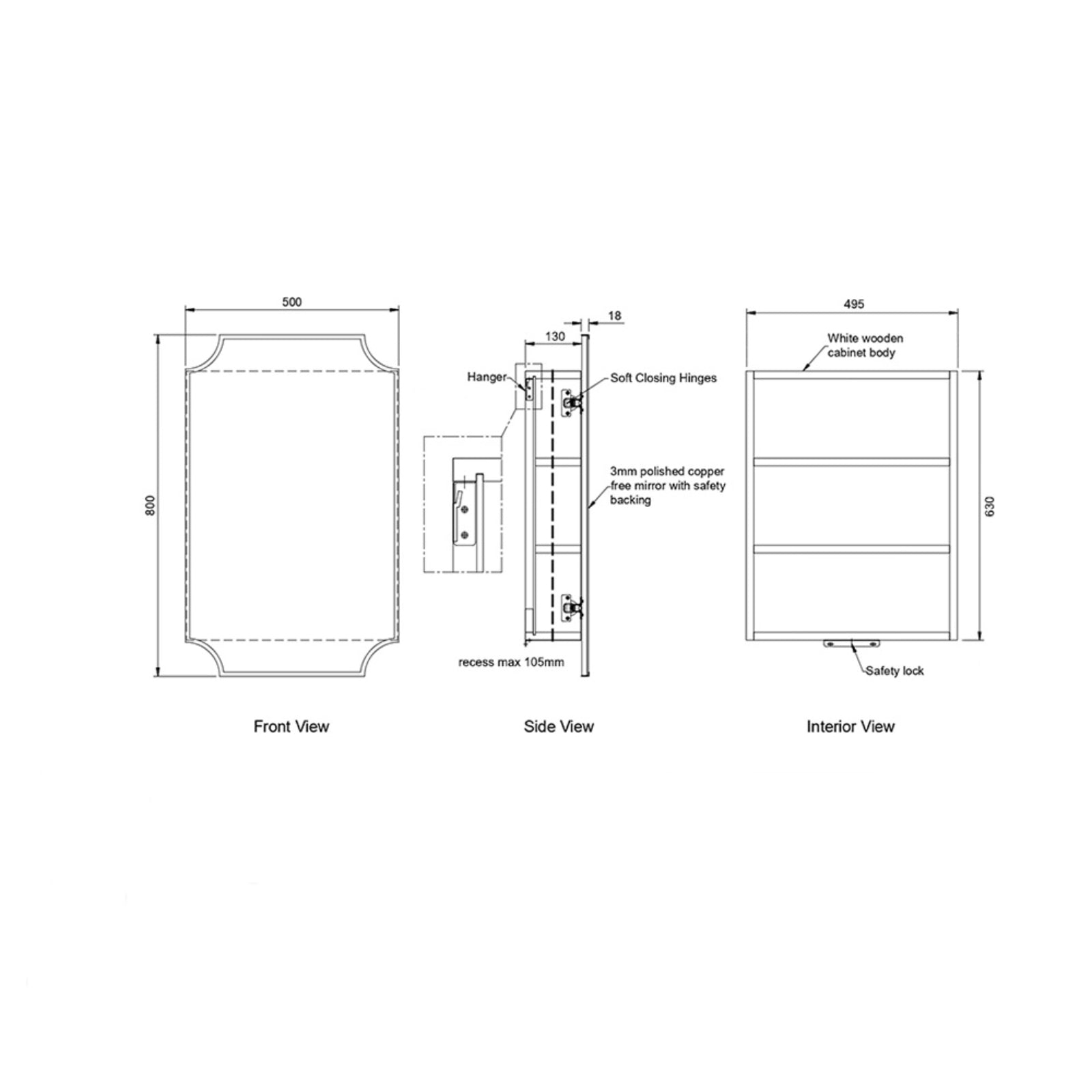 Spec Sheet Turner Hastings Claremont 800x500mm Shaving Cabinet - Brushed Brass CL405SC-BB - The Blue Space